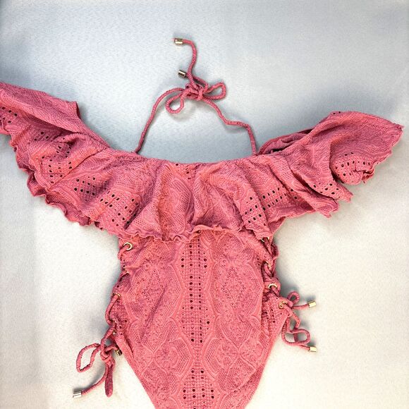 New Pink XL Swimsuit One Piece Lucia Ruffle Off Shoulder Side Tie Lined $170 - Picture 13 of 16